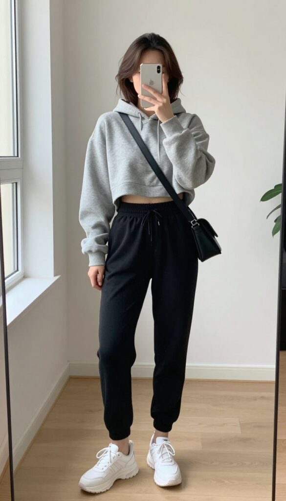 A woman takes a mirror selfie wearing a cropped grey hoodie and high-waisted black joggers, with white sneakers and a small black bag, in a bright, minimal room.