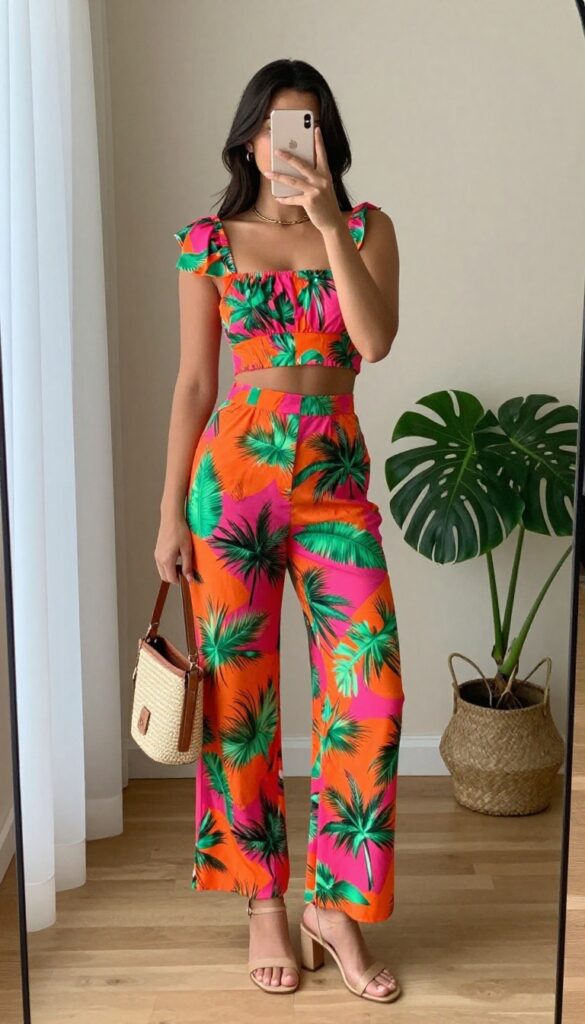 Mirror selfie of a woman in a matching tropical print crop top and wide-leg pants set, wearing nude heels and holding a woven straw bag, in a bright room with a mirror and plant.