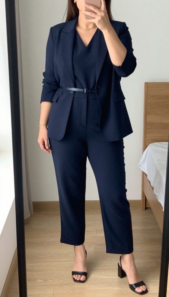 Woman in a navy jumpsuit with a slim belt and structured blazer, posing in a mirror selfie, phone partially covering face, in a bedroom.