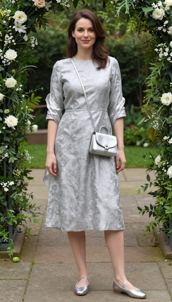 Woman in silver brocade shift dress with metallic flats and crossbody bag at garden wedding