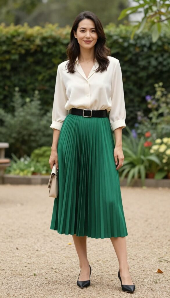 Woman in emerald green pleated midi skirt, cream silk blouse, black wide belt, pointed flats, beige clutch, garden wedding setting.