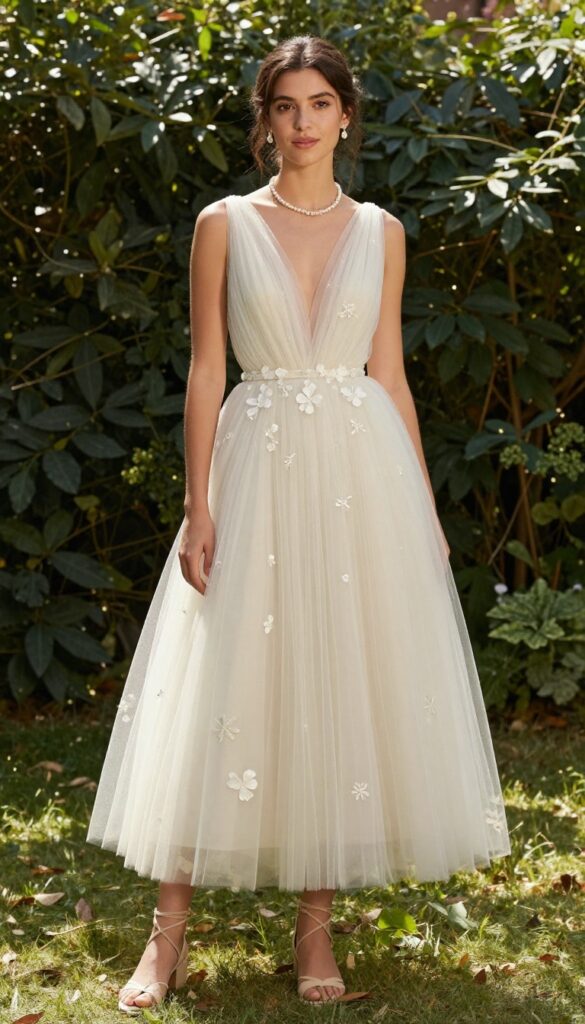 Whimsical tulle ballgown with embroidered flowers on a woman with warm skin tone in a sunlit garden