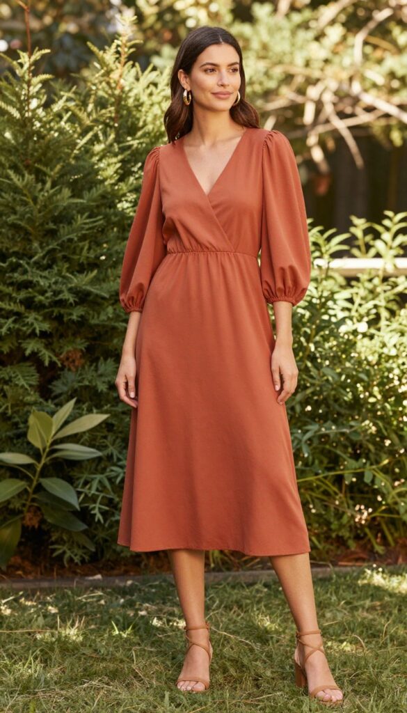 Woman in terracotta midi dress with puff sleeves and V-neckline, gold hoop earrings, strappy tan heels, in a sunny garden during golden hour.