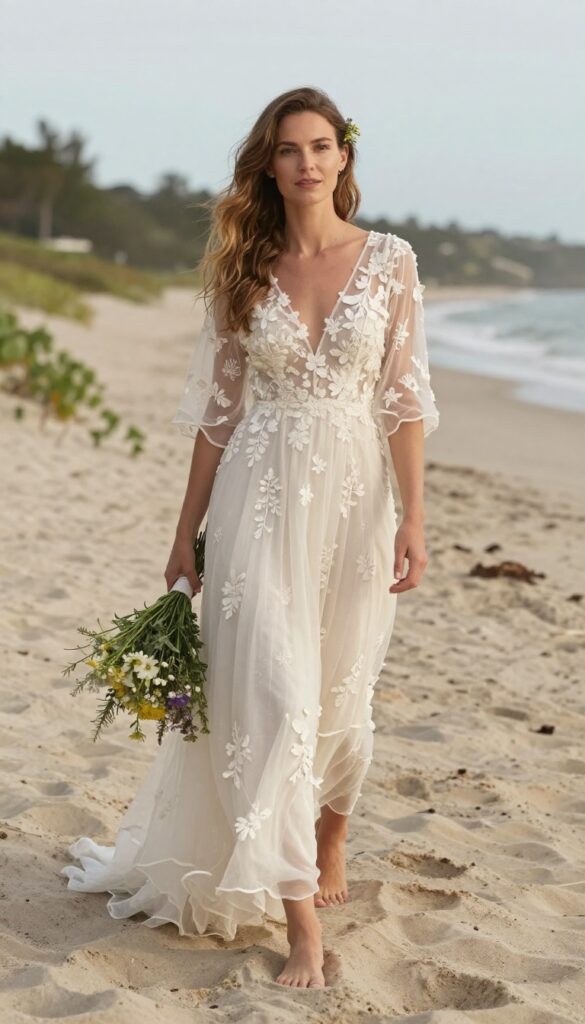 Young woman in bohemian floral appliqué wedding dress with flowing sleeves, barefoot on beach at golden hour, holding wildflower bouquet.