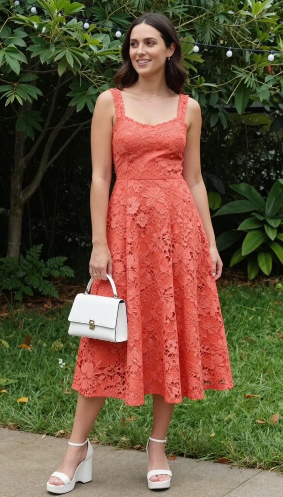 Young adult woman in coral lace skater dress and white platform sandals at outdoor garden wedding, laughing with someone off-camera.
