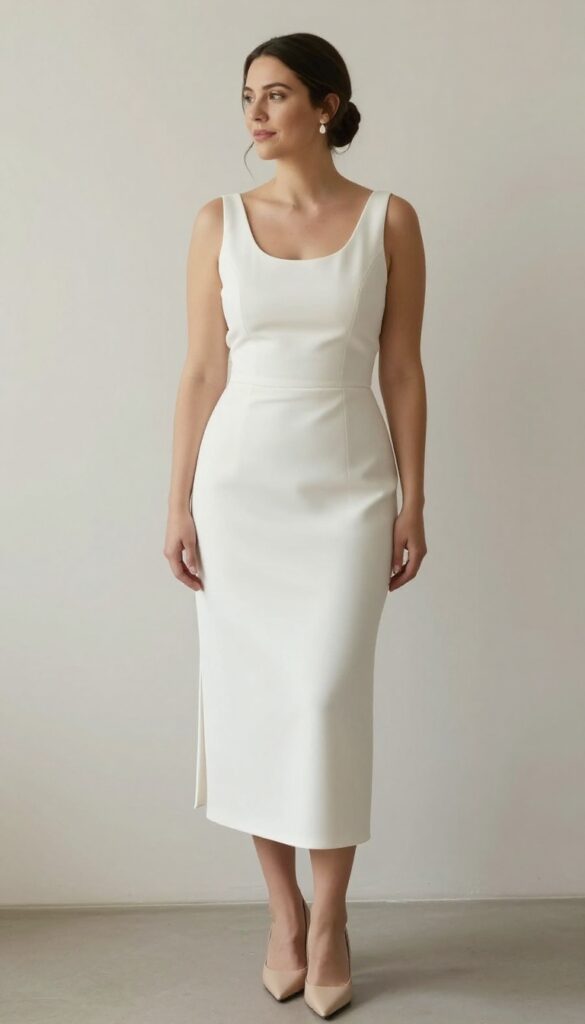 Curvy bride in white sheath wedding dress with side slit, holding bouquet, in bright room