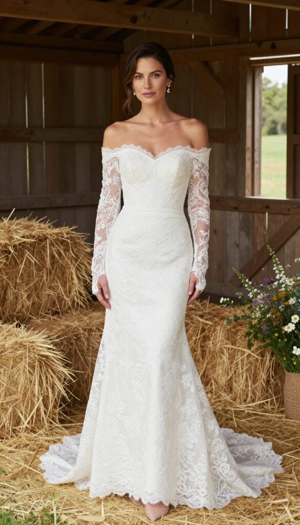 Adult woman in white off-shoulder lace wedding dress with long lace gloves, standing in an airy barn with wooden beams and soft natural light, rustic decor, and wildflowers.