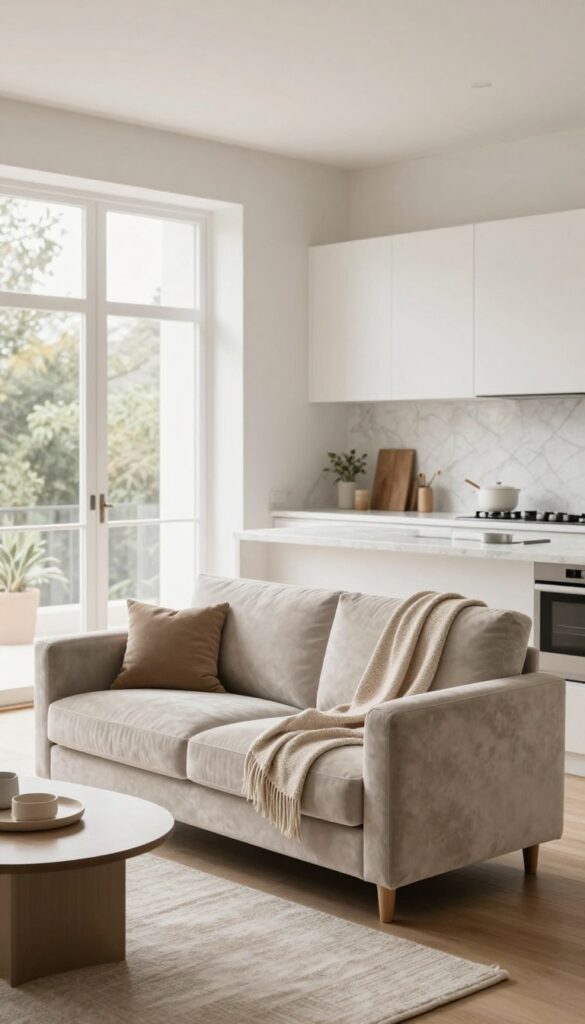 Small sofa or loveseat in an open-plan kitchen creating a cozy sitting area