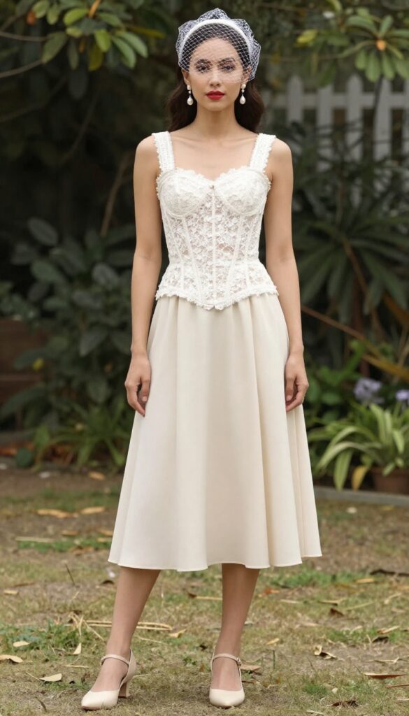 Woman in white lace corset and ivory tea-length skirt with birdcage veil in sunny garden