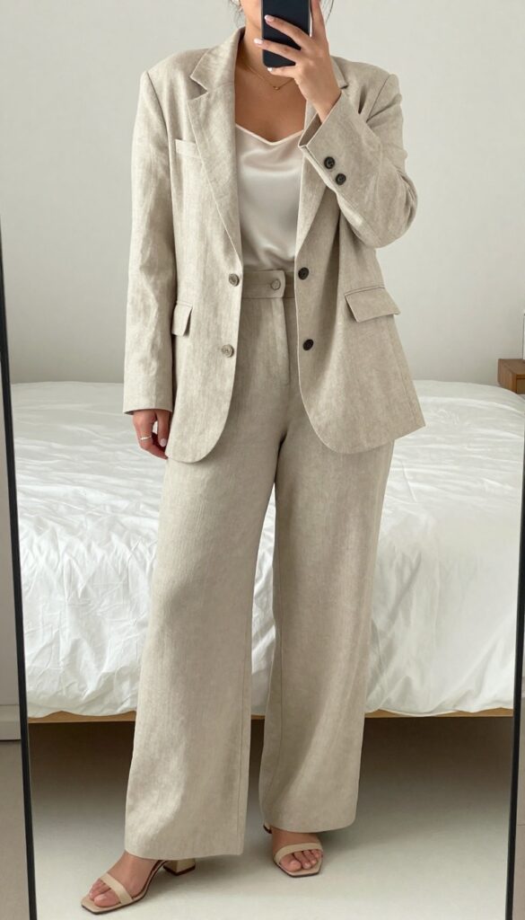 Curvy professional in linen blazer and high-waisted wide-leg trousers, monochrome outfit, polished summer business casual look.