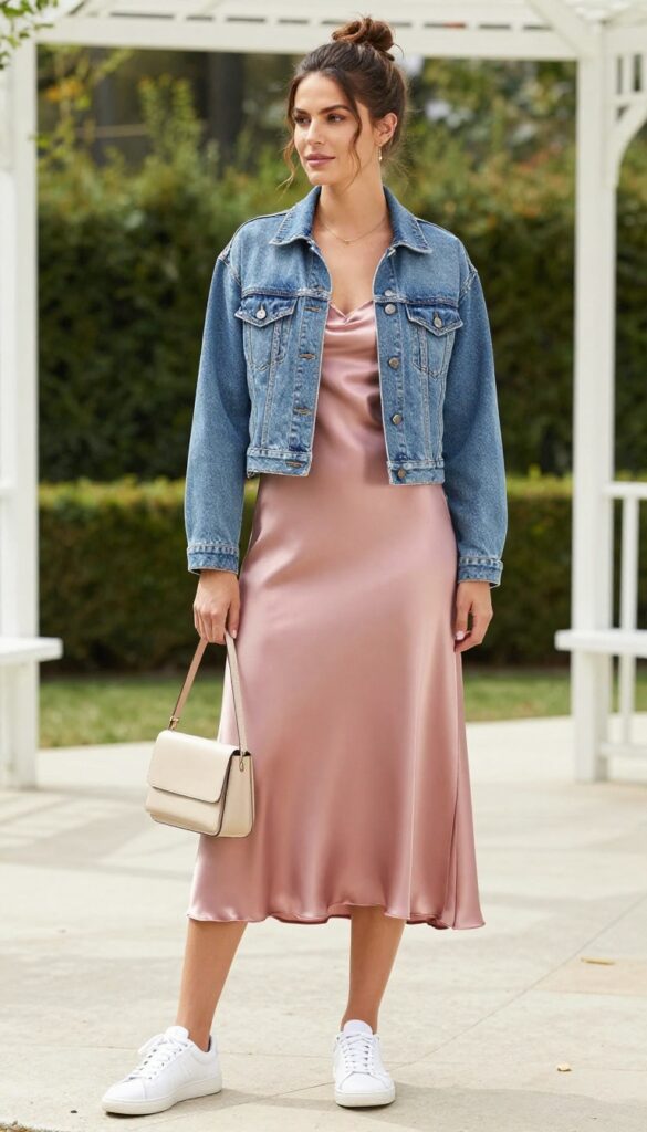 Young adult woman in dusty rose satin dress and denim jacket, white sneakers, beige crossbody bag, standing in garden with gazebo.