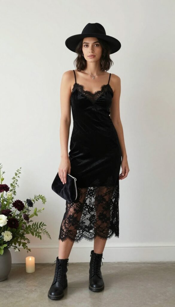 Woman in black velvet slip dress with lace overlay, wide-brimmed hat, combat boots, and velvet clutch in candlelit room