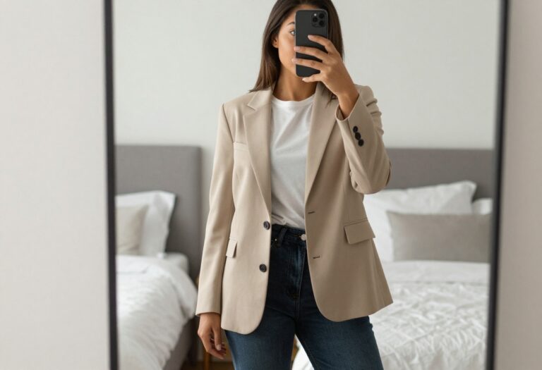 Woman in beige blazer and jeans taking a mirror selfie in bedroom