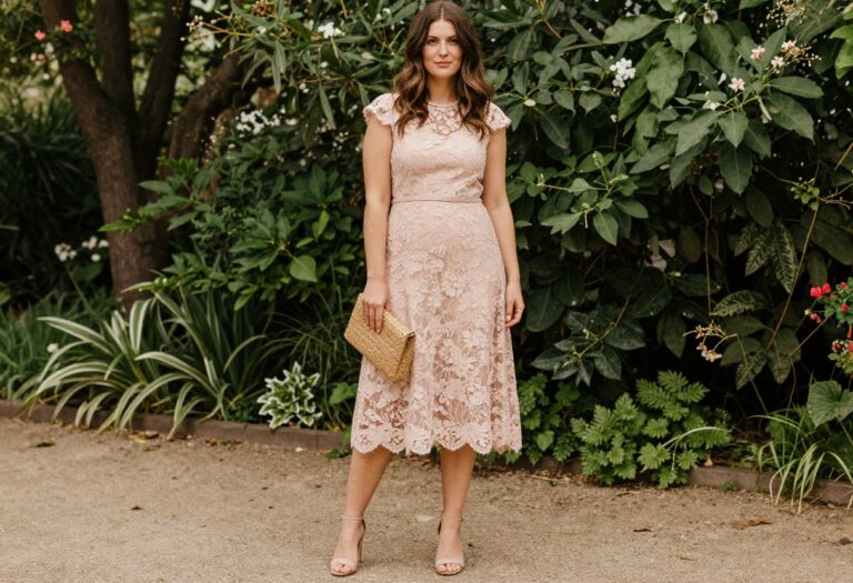 Woman in blush floral lace midi dress with nude heels at garden wedding