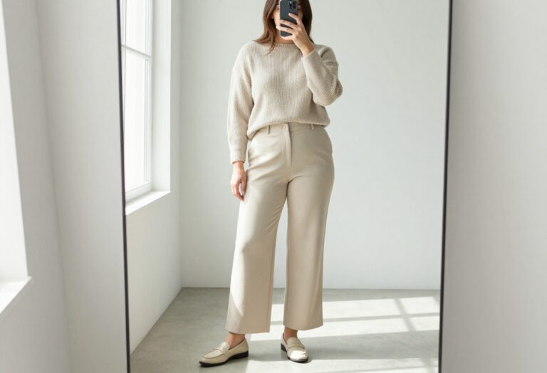 Woman in cream loafers and wide-leg trousers taking a mirror selfie in a bedroom