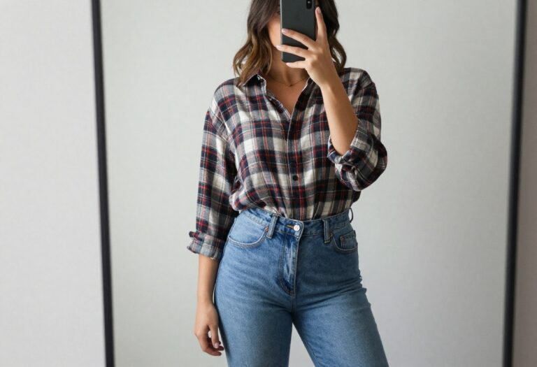 Plus-size woman in plaid shirt and high-waisted jeans taking a mirror selfie, showcasing a balanced country outfit.
