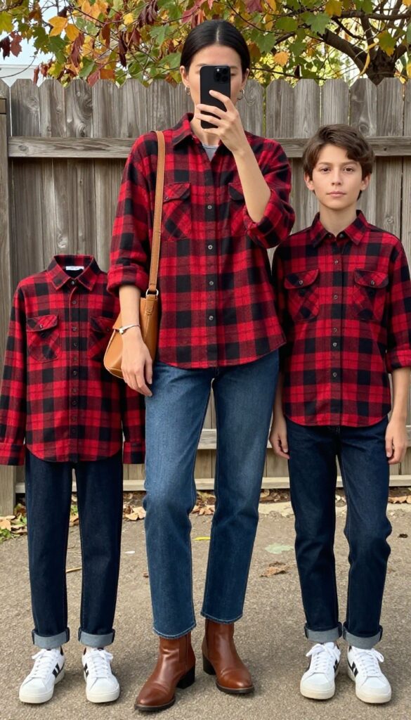Mom and son wearing matching red and black plaid shirts, mom with jeans and boots, son with jeans and sneakers, standing in a sunny outdoor setting.