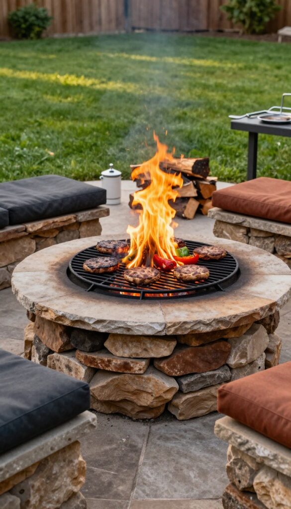 Rustic fire pit grill with adjustable grate in backyard, stone and iron design, cooking burgers and peppers, with benches and firewood.