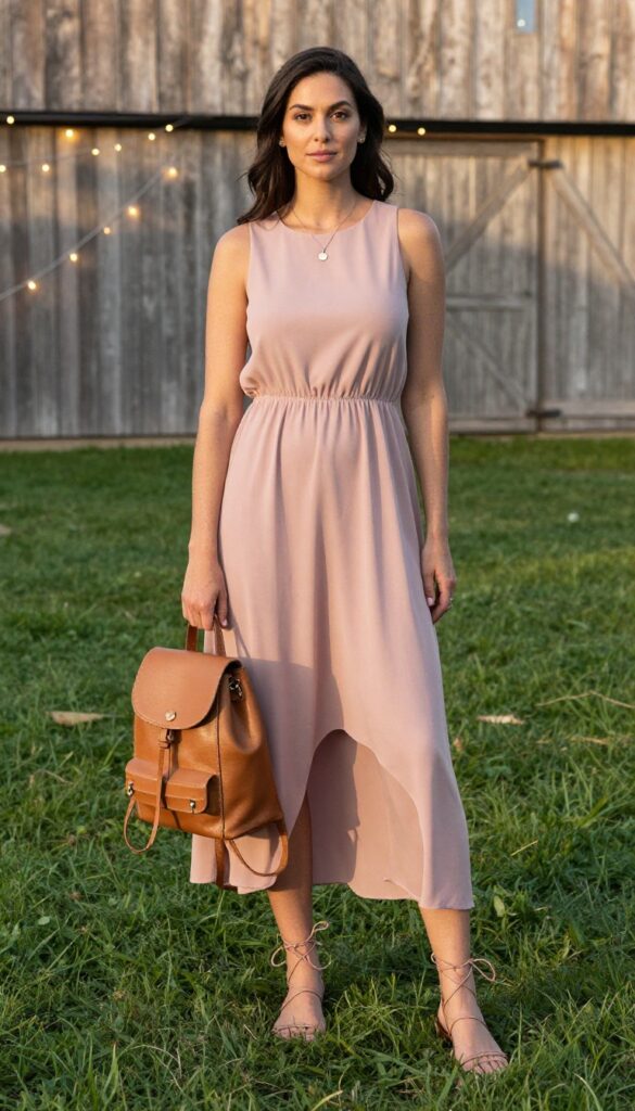 Adult woman in dusty rose high-low hem dress and lace-up sandals standing on grass near barn at golden hour