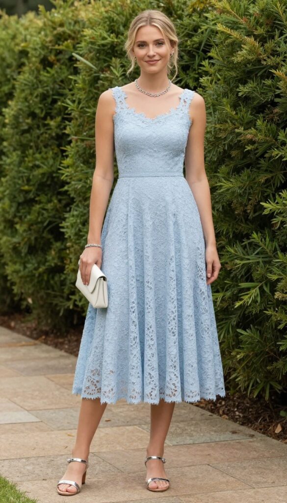 Pastel blue tea-length lace dress with silver jewelry and silver metallic flats for a garden wedding guest outfit.