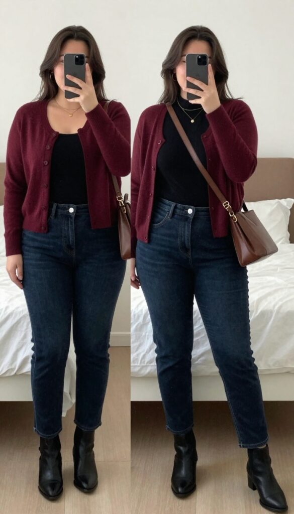 A woman in a burgundy cardigan over a black turtleneck, dark denim, and black ankle boots, accessorized with a crossbody bag and gold jewelry, looking polished for a budget-friendly evening event.