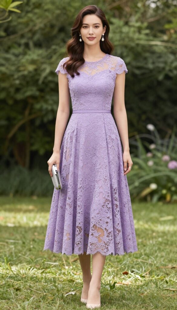 Woman in periwinkle lace dress with illusion back standing in sunlit garden, holding silver clutch, wearing pearl earrings and nude heels.