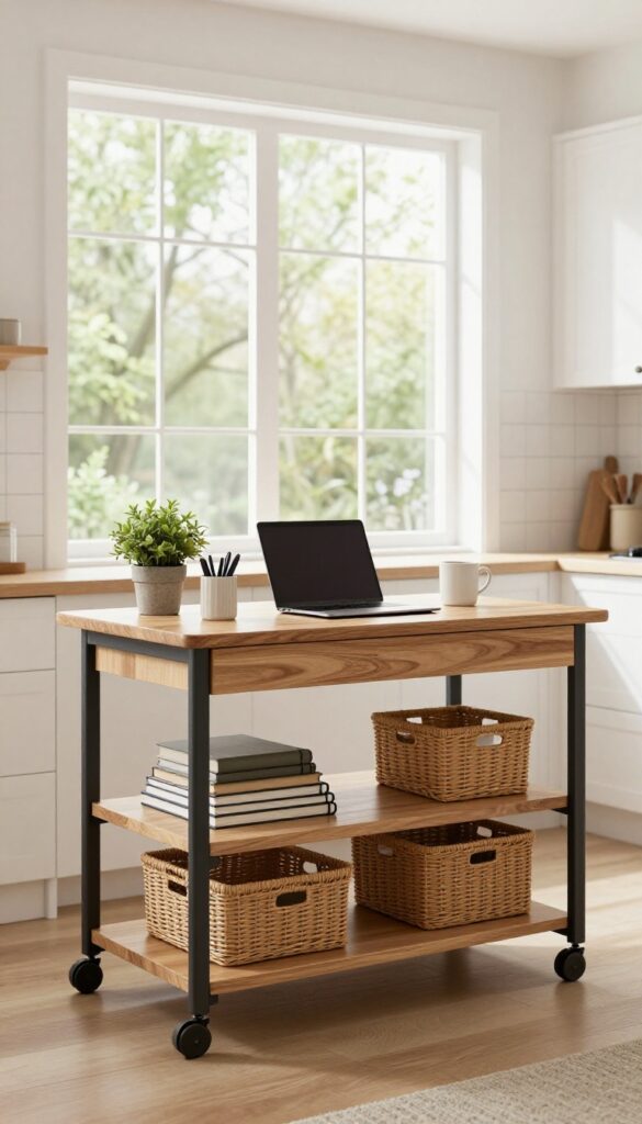 A rolling kitchen cart with butcher-block top used as a mobile desk, featuring a laptop, plant, and organized storage shelves in a bright kitchen.
