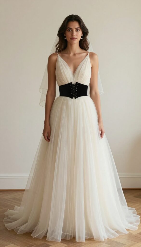 Woman in ball gown with corset belt