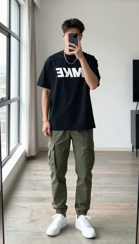 Man in black graphic tee and olive cargo pants taking a mirror selfie, showing off casual streetwear outfit.