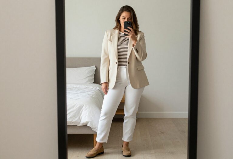Woman taking mirror selfie in business casual outfit with cream blazer, striped tee, white jeans, and tan loafers in a bright bedroom.