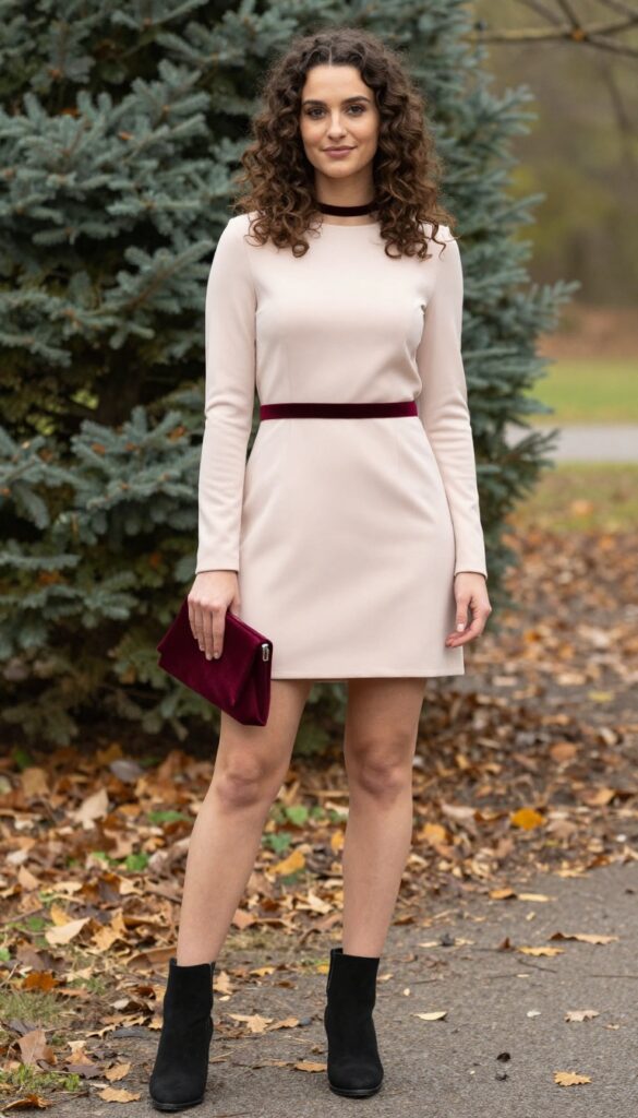 Woman in blush illusion-neckline dress with velvet choker and ankle boots for fall wedding