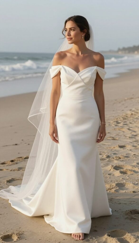 Young adult woman in off-shoulder white wedding dress with waterfall veil on beach at golden hour, barefoot, natural expression, warm lighting.