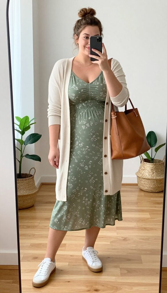 Plus-size woman in a green button-front midi dress with white sneakers and a cream cardigan, taking a mirror selfie in a bright living room.