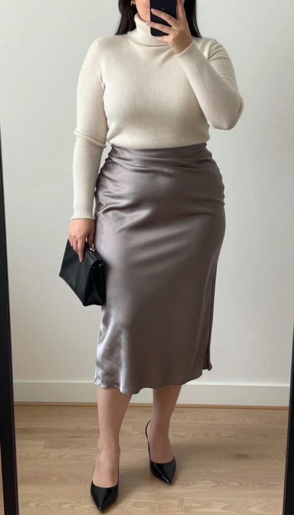 A woman in a satin slip skirt and turtleneck, wearing heeled mules and holding a small clutch, standing in a sleek setting.