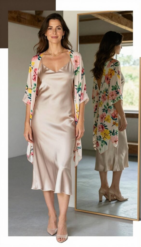 Woman in champagne slip dress with floral shawl and nude mules in barn setting