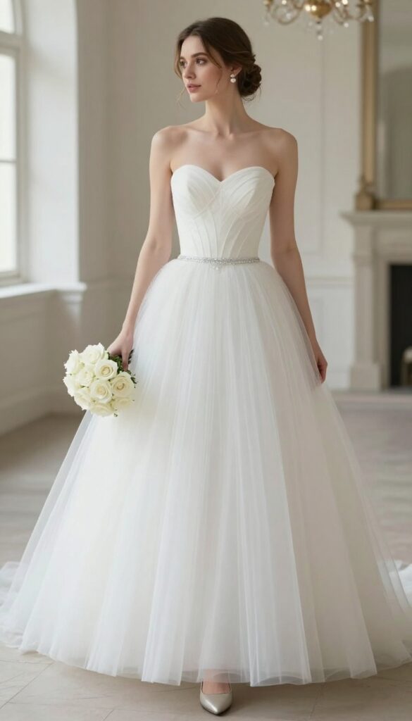 Bride in strapless white ball gown with corset back and full tulle skirt, sparkly belt, pearl earrings, bouquet of white roses, standing in grand ballroom with chandeliers.