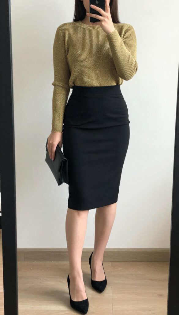 Gold metallic knit sweater paired with black pencil skirt, black suede pumps, and black clutch for a festive business casual look.