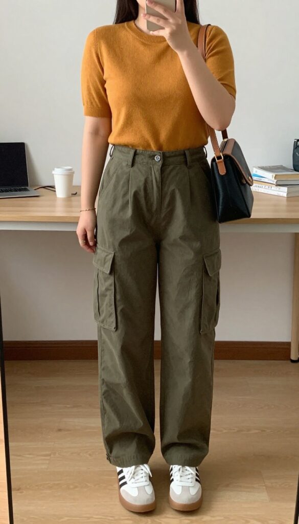 Woman in mustard knit top and olive cargo pants with white sneakers, taking a mirror selfie in bedroom