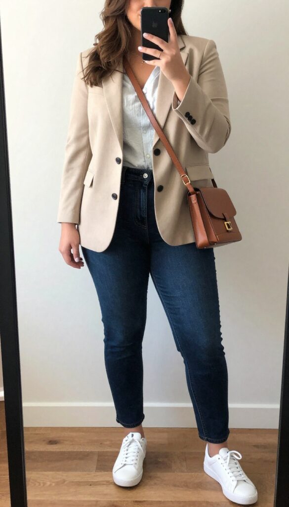 Woman in oatmeal blazer, chambray shirt, dark wash jeans, white sneakers, leather crossbody bag, and stud earrings, taking a mirror selfie in bedroom.