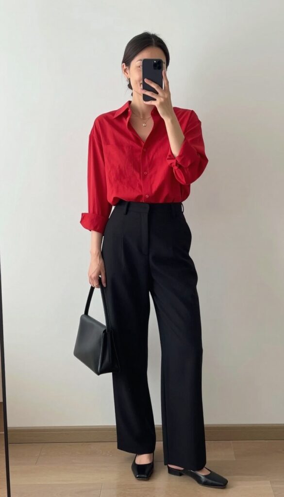 A woman in a red shirt and black wide-leg pants takes a mirror selfie, partially covering her face with her phone. The outfit is tucked in with loafers and a structured handbag, in bright natural light.