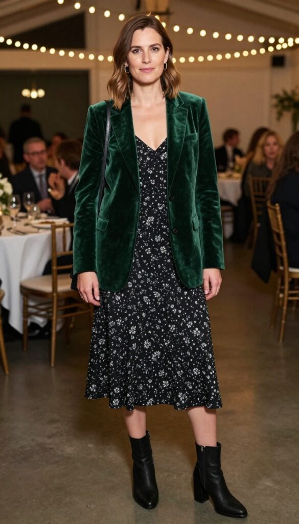 Woman in forest green velvet blazer and black floral midi dress at wedding reception