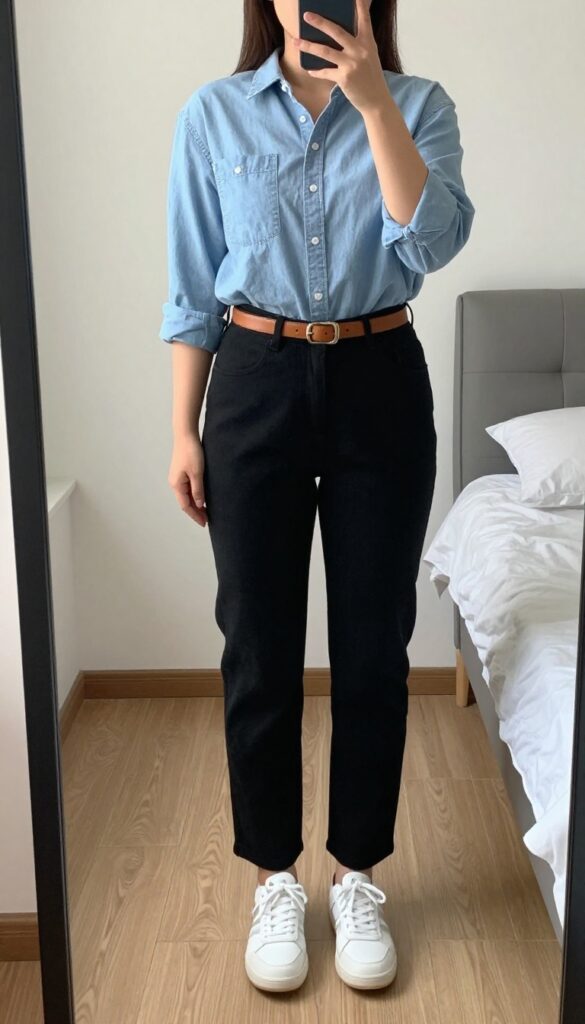 Woman in tucked chambray shirt and black trousers with white sneakers, taking a mirror selfie