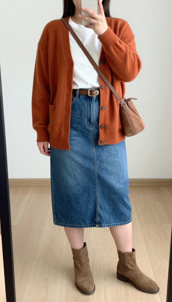 Rust cardigan with white tee and denim midi skirt, ankle boots, suede crossbody bag.