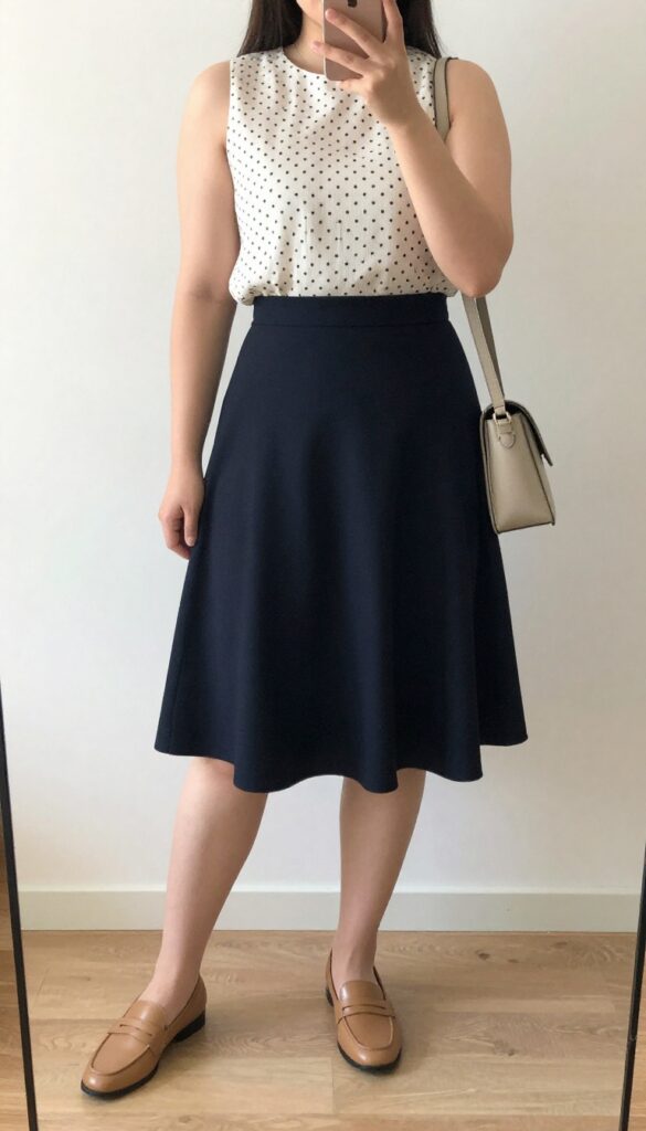 A woman in a sleeveless printed blouse and A-line skirt poses in a bright office, holding a crossbody bag and wearing loafers.