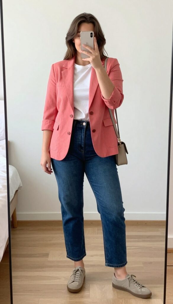 A woman in a short-sleeve cobalt blazer, white tee, and dark-wash jeans with white leather sneakers, standing in a bright office or outdoor cafe.