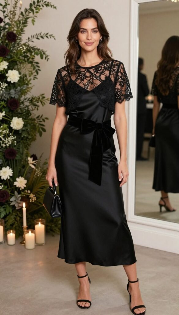 Woman in black satin slip dress with oversized bow belt and sheer lace bolero, holding a black clutch, in a candlelit wedding venue.