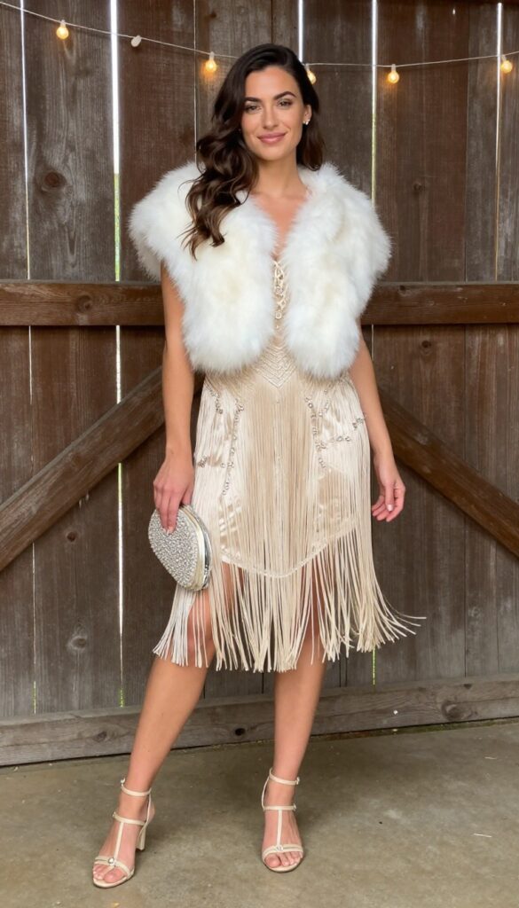 Woman in beaded flapper dress with faux fur stole in barn