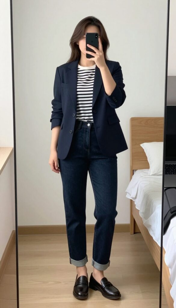 Woman in navy blazer, striped tee, and white jeans taking a mirror selfie