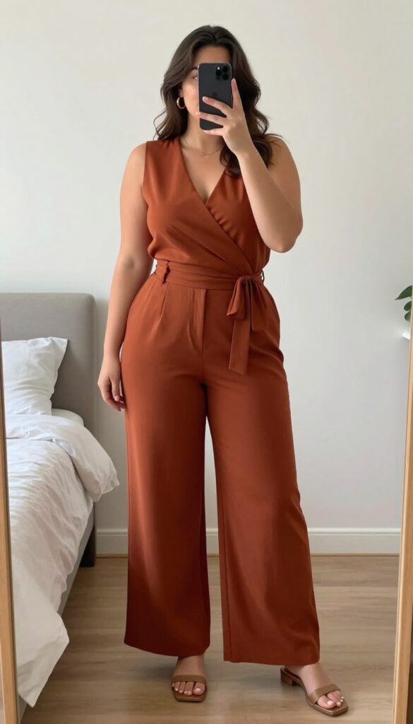 A woman in a printed wrap top and wide-leg linen pants, standing in a bright outdoor setting, exuding effortless business casual style.