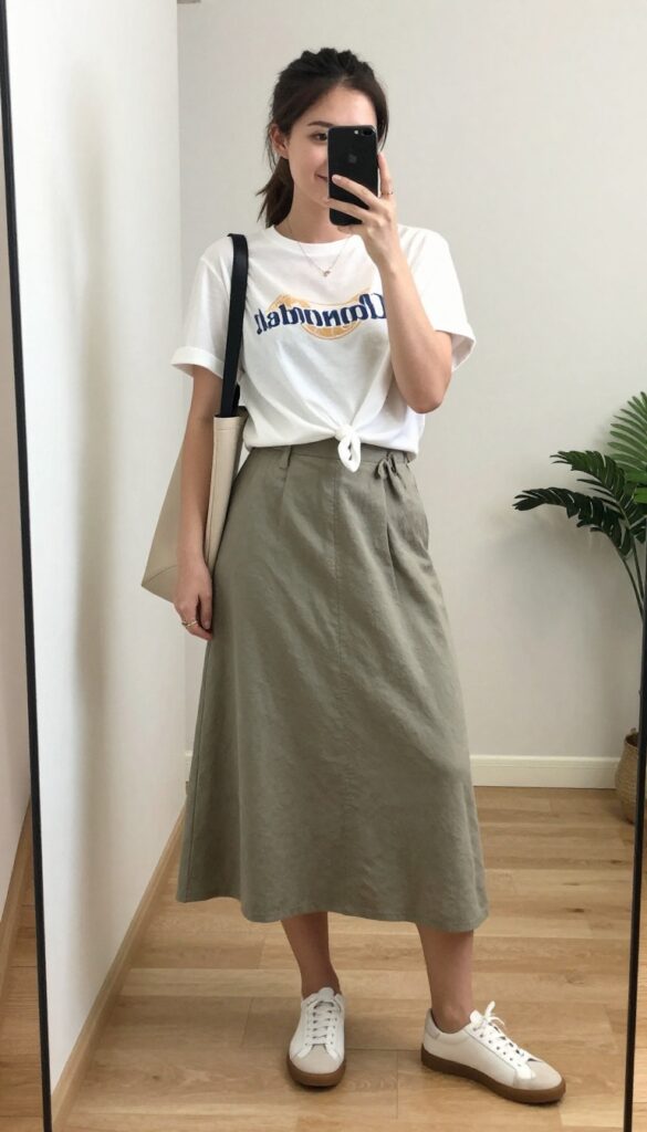 Young mom taking a mirror selfie wearing a knotted white graphic tee, a midi A-line skirt in olive green, white sneakers, and a small crossbody bag. The setting is a bright, minimal room with natural light.